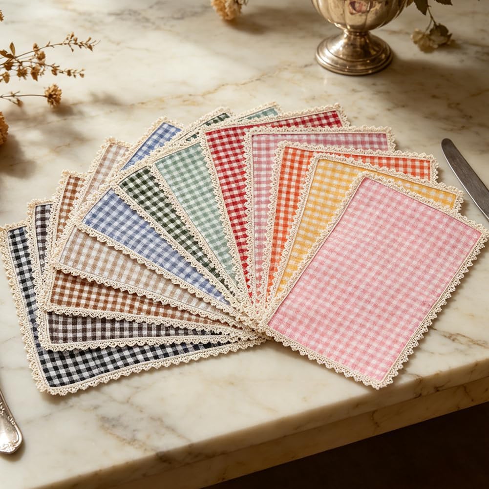 4 PCS Gingham Plaid Rectangle Placemats for Dining (Pink,12"x16")