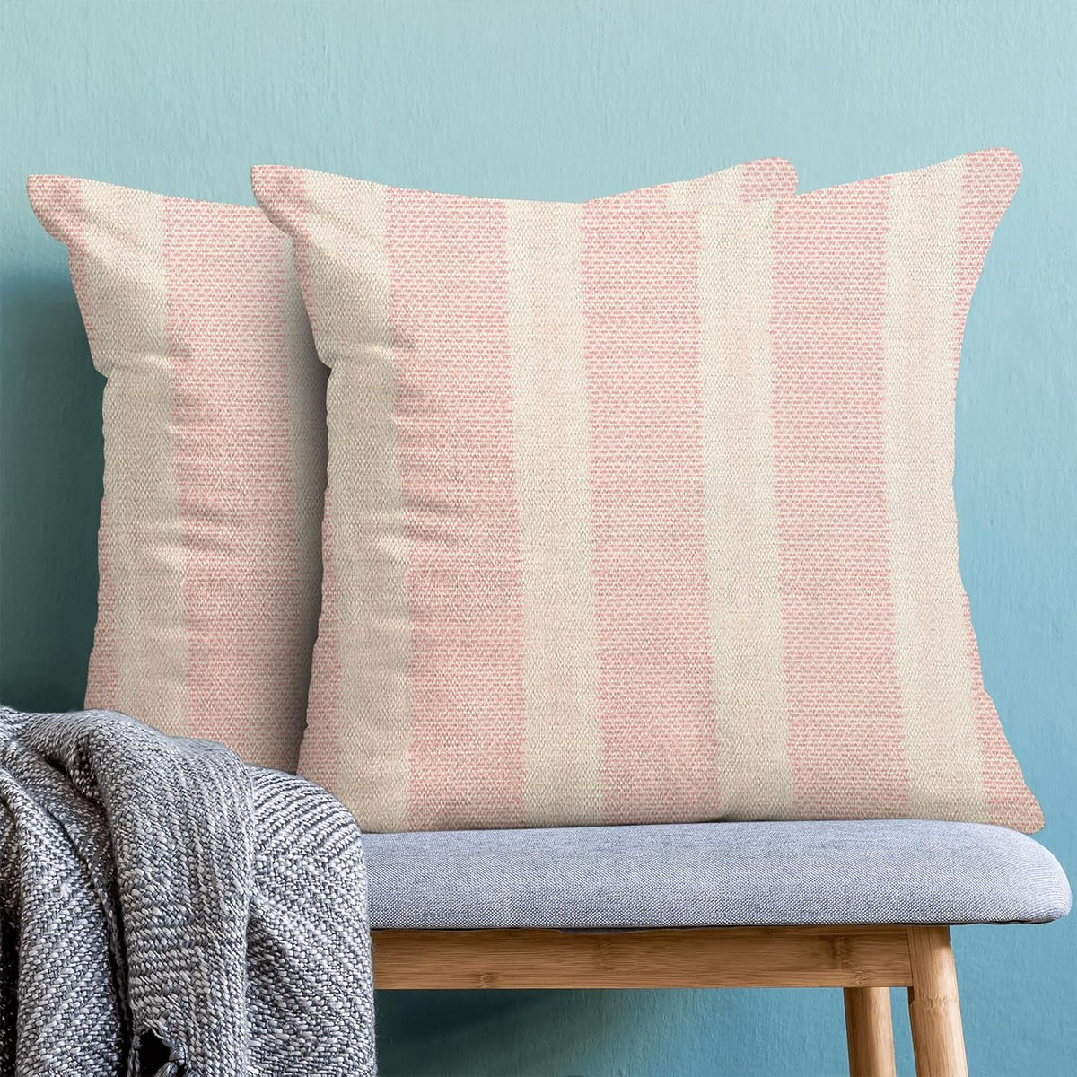 Boho Pillow Covers 18x18 Set of 2 Pink Stripes Throw Pillow Covers Outdoor Decoration Bohemian Style Modern Abstract Decorative Pillowcase Farmhouse Linen Cushion Cover for Home Couch Sofa
