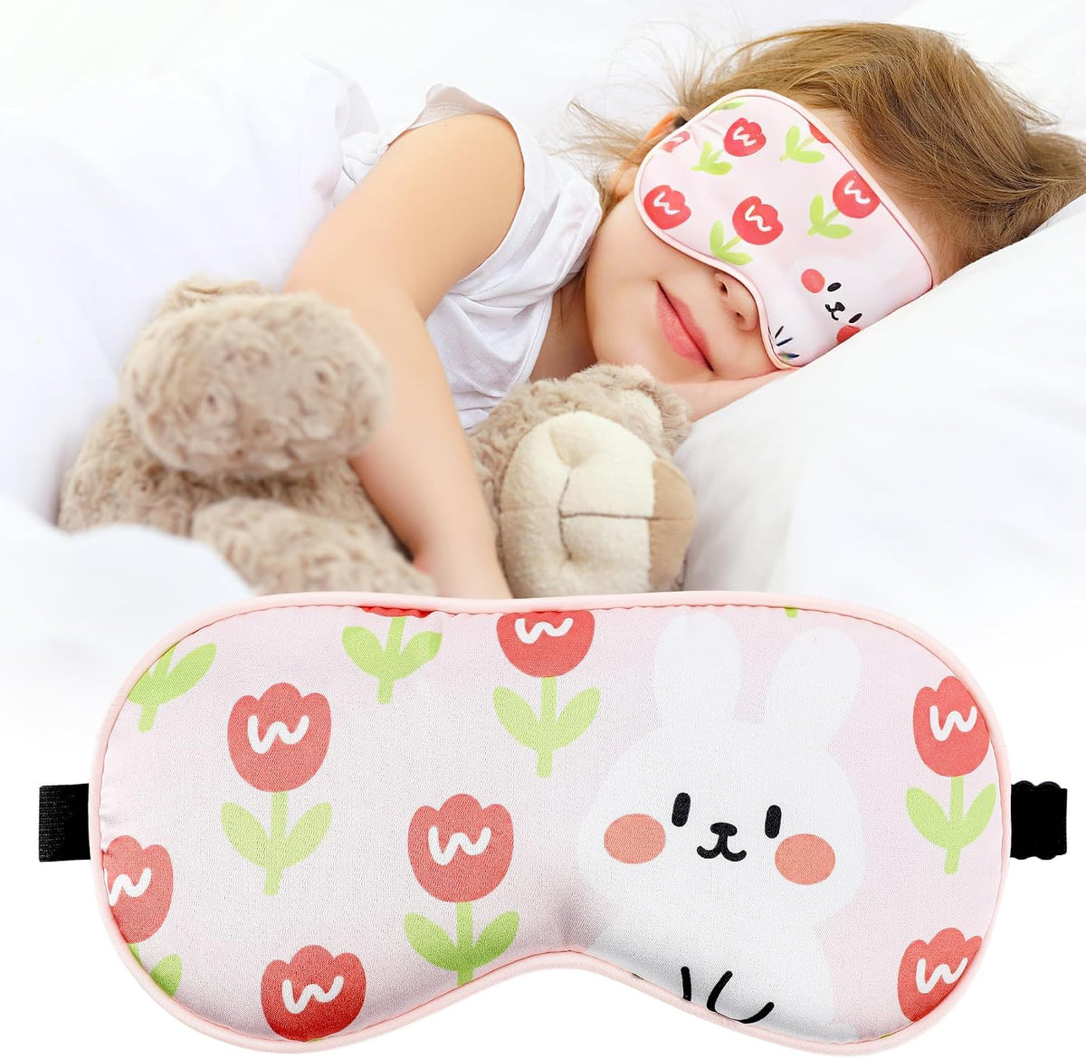 Cute Bunny Sleeping Eye Mask - Funny Pink Rabbit Eyes Mask with Adjustable Strap, Soft Lightweight Cartoon Animal Eye Cover for Night Sleep Travel Airplane Home Sleepover Party Gift Supplies