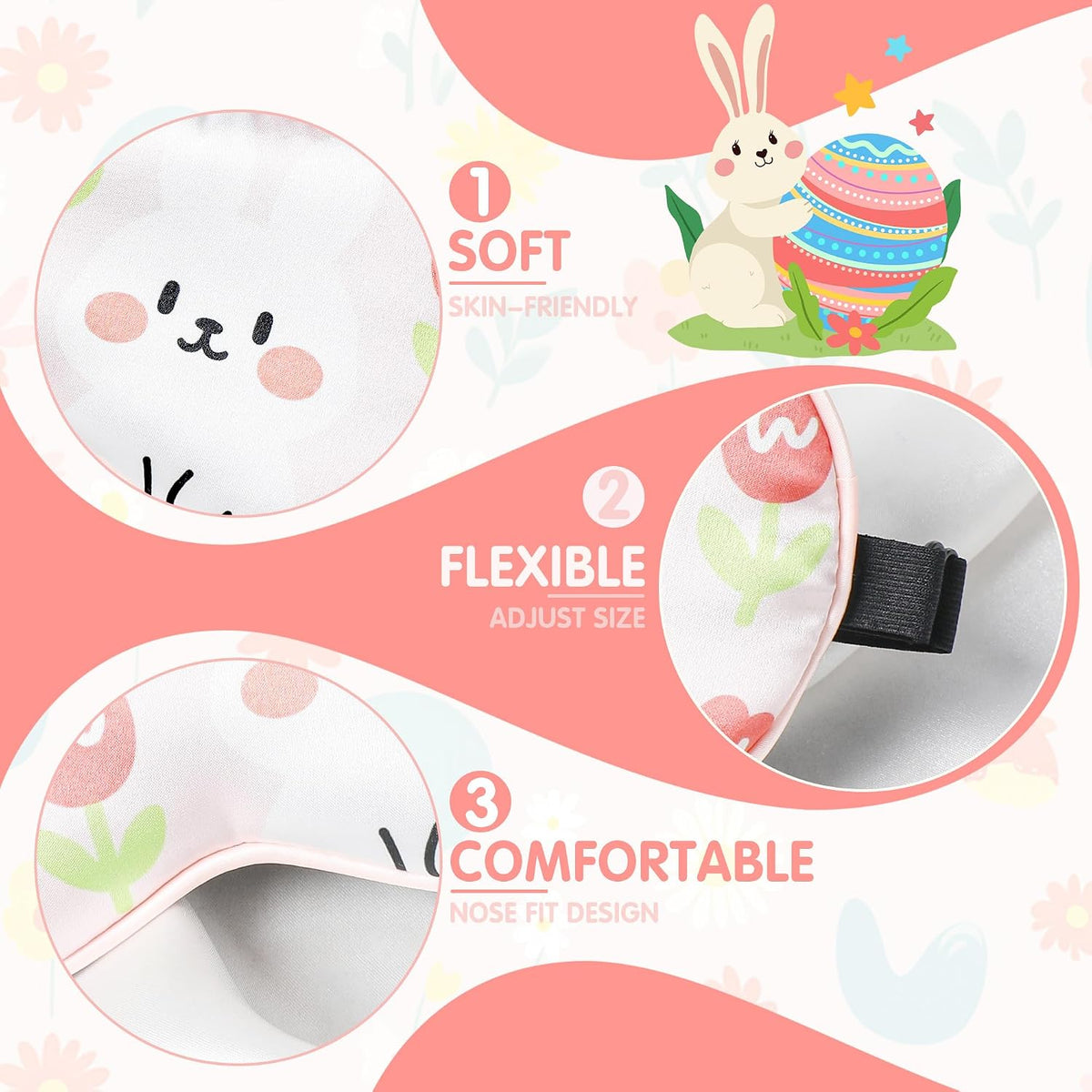 Cute Bunny Sleeping Eye Mask - Funny Pink Rabbit Eyes Mask with Adjustable Strap, Soft Lightweight Cartoon Animal Eye Cover for Night Sleep Travel Airplane Home Sleepover Party Gift Supplies