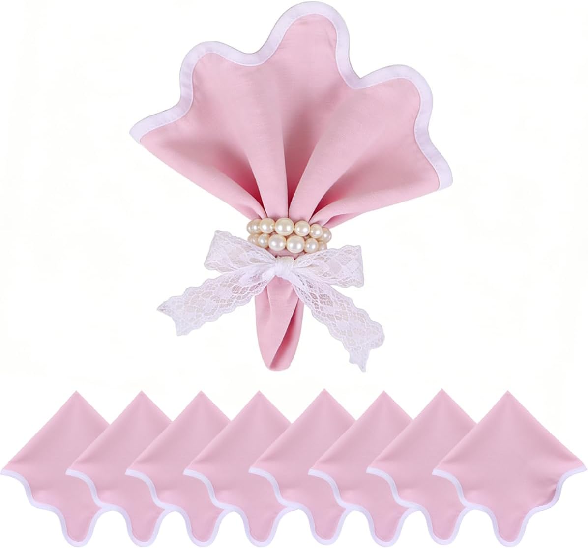 Scallop Linen Napkins Set of 8-Linen Blended Napkins,Pink and White Dinner Napkins Cloth 17 Inch - Giselle Scallop Edge, Handcrafted and Machine Washable - Easter, Spring