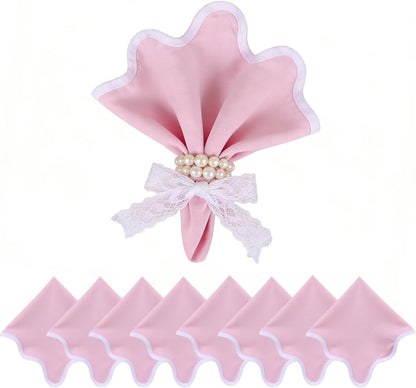 Scallop Linen Napkins Set of 8-Linen Blended Napkins,Pink and White Dinner Napkins Cloth 17 Inch - Giselle Scallop Edge, Handcrafted and Machine Washable - Easter, Spring