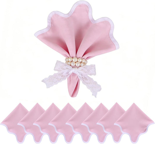 Scallop Linen Napkins Set of 8-Linen Blended Napkins,Pink and White Dinner Napkins Cloth 17 Inch - Giselle Scallop Edge, Handcrafted and Machine Washable - Easter, Spring