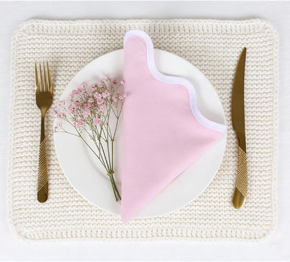 Scallop Linen Napkins Set of 8-Linen Blended Napkins,Pink and White Dinner Napkins Cloth 17 Inch - Giselle Scallop Edge, Handcrafted and Machine Washable - Easter, Spring