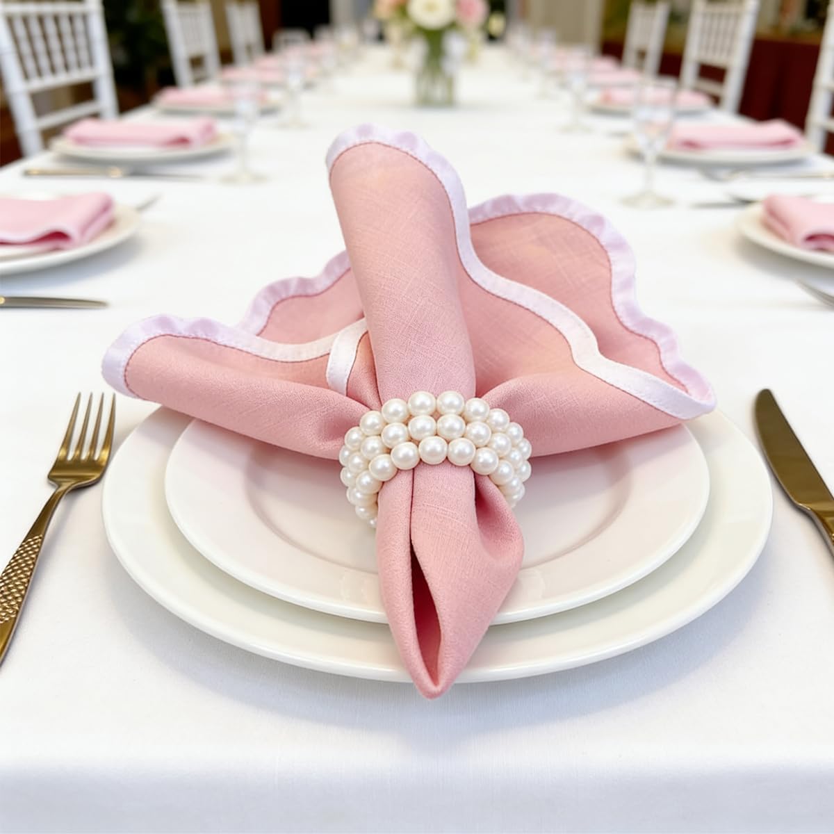 Scallop Linen Napkins Set of 8-Linen Blended Napkins,Pink and White Dinner Napkins Cloth 17 Inch - Giselle Scallop Edge, Handcrafted and Machine Washable - Easter, Spring