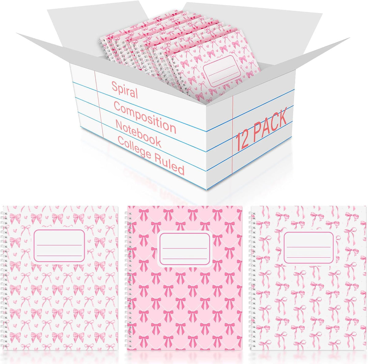 12 Pack Pink Bow Composition Notebooks 9-3/4 x 7-1/2 Inch 100 Pages