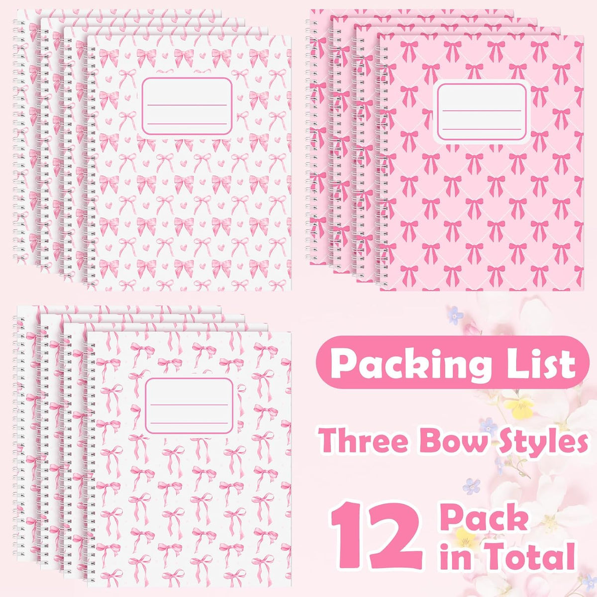 12 Pack Pink Bow Composition Notebooks 9-3/4 x 7-1/2 Inch 100 Pages