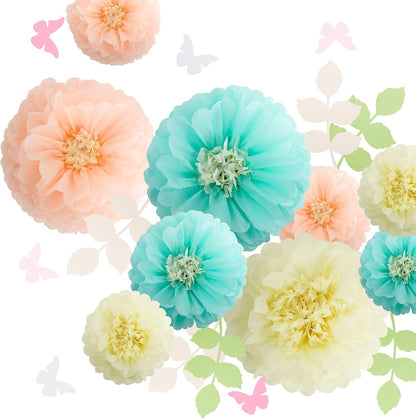 Tissue Paper Chrysanth Flowers with Butterfly and Olive Leaves for Wedding Baby Shower Nursery Room Parties & Events Decorations Pom Poms (Cream Peach Mint)
