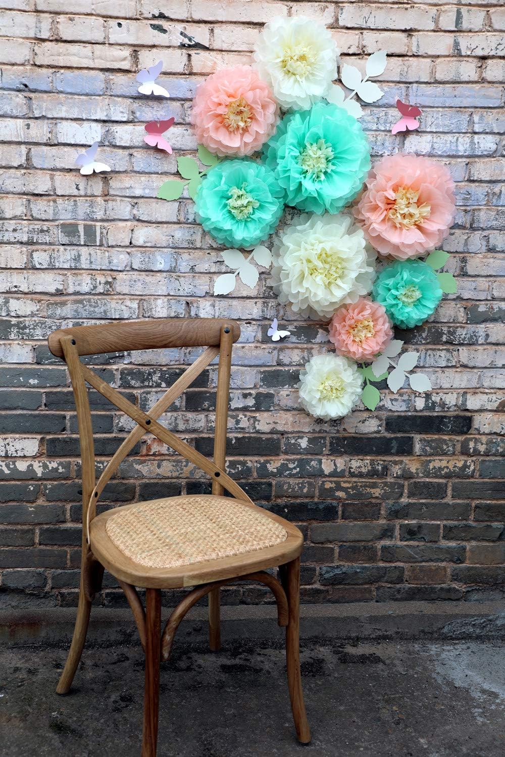 Tissue Paper Chrysanth Flowers with Butterfly and Olive Leaves for Wedding Baby Shower Nursery Room Parties & Events Decorations Pom Poms (Cream Peach Mint)