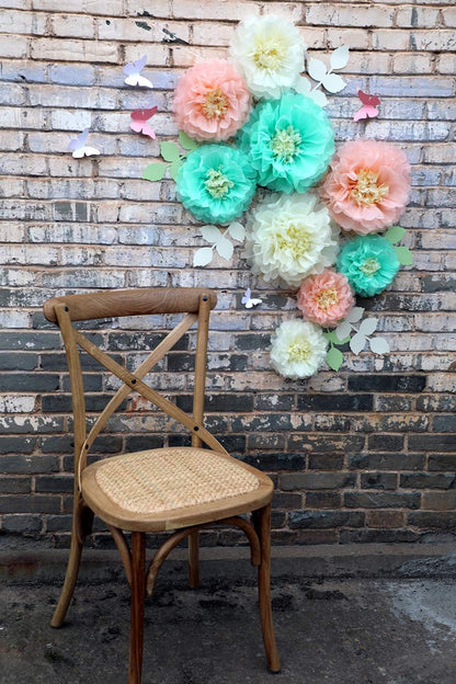 Tissue Paper Chrysanth Flowers with Butterfly and Olive Leaves for Wedding Baby Shower Nursery Room Parties & Events Decorations Pom Poms (Cream Peach Mint)