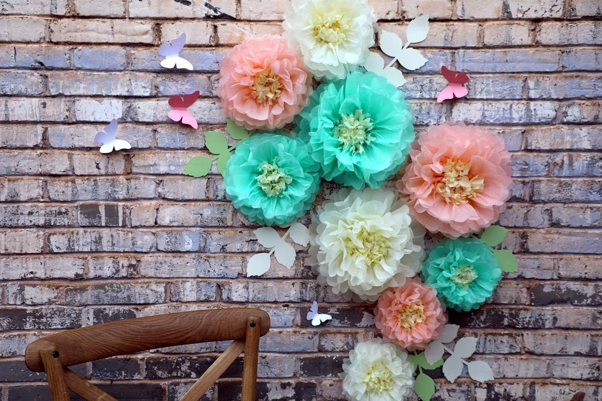 Tissue Paper Chrysanth Flowers with Butterfly and Olive Leaves for Wedding Baby Shower Nursery Room Parties & Events Decorations Pom Poms (Cream Peach Mint)
