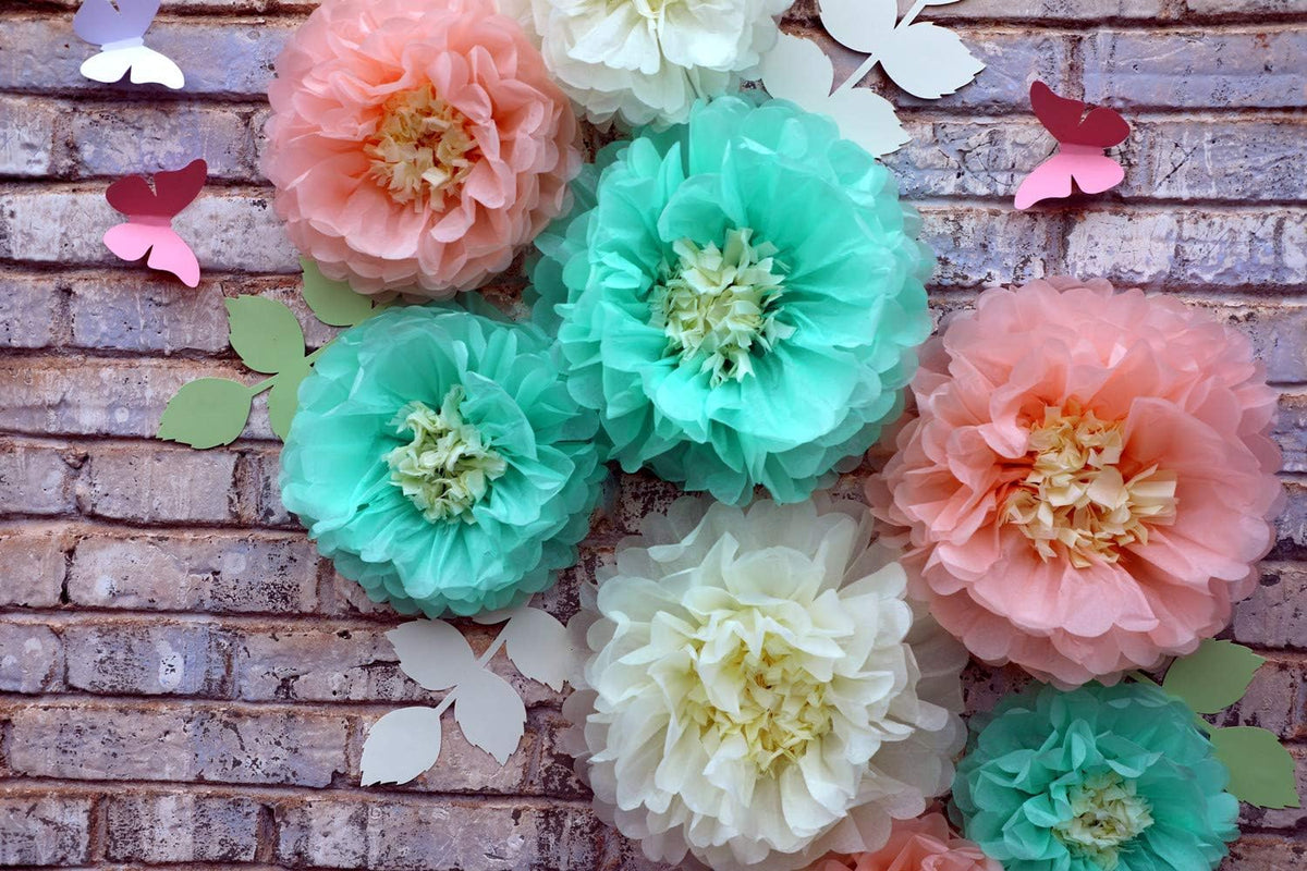 Tissue Paper Chrysanth Flowers with Butterfly and Olive Leaves for Wedding Baby Shower Nursery Room Parties & Events Decorations Pom Poms (Cream Peach Mint)