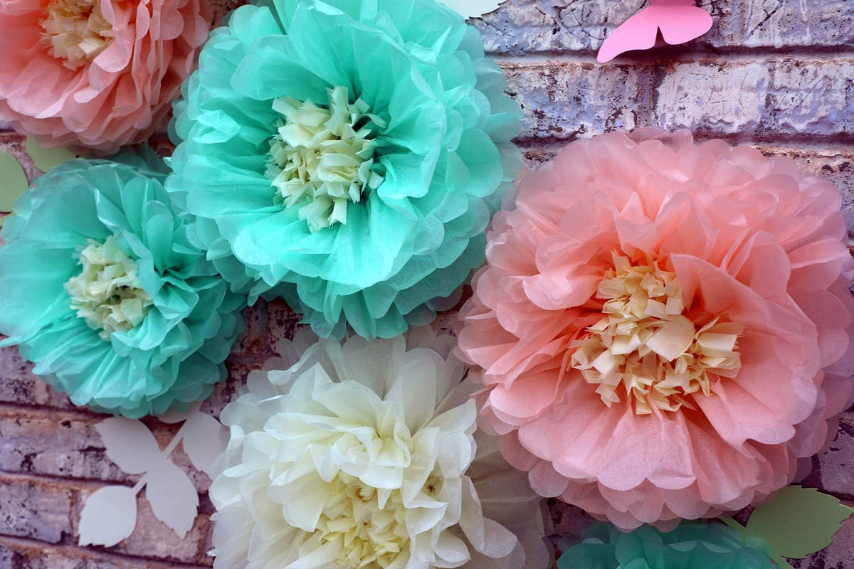 Tissue Paper Chrysanth Flowers with Butterfly and Olive Leaves for Wedding Baby Shower Nursery Room Parties & Events Decorations Pom Poms (Cream Peach Mint)