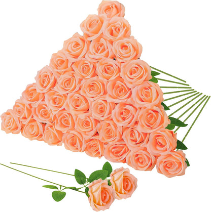 36 Pcs Peach Pink Artificial Roses with Long Stems