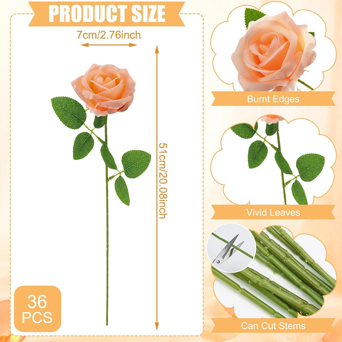 36 Pcs Peach Pink Artificial Roses with Long Stems