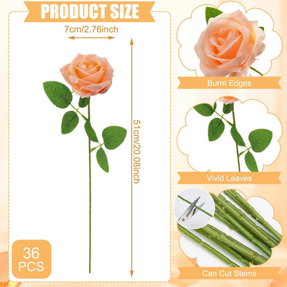 36 Pcs Peach Pink Artificial Roses with Long Stems