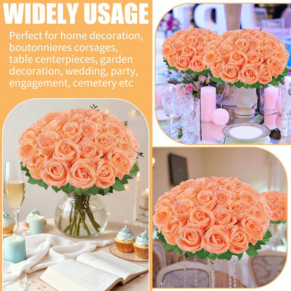 36 Pcs Peach Pink Artificial Roses with Long Stems