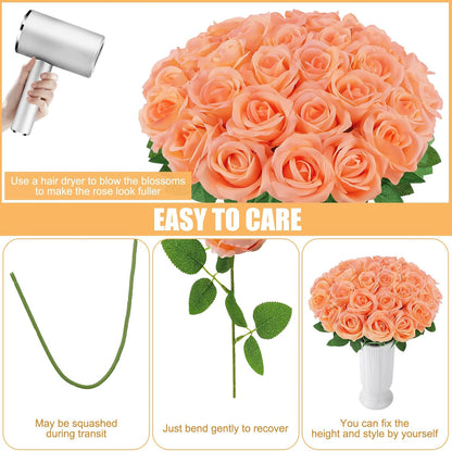 36 Pcs Peach Pink Artificial Roses with Long Stems