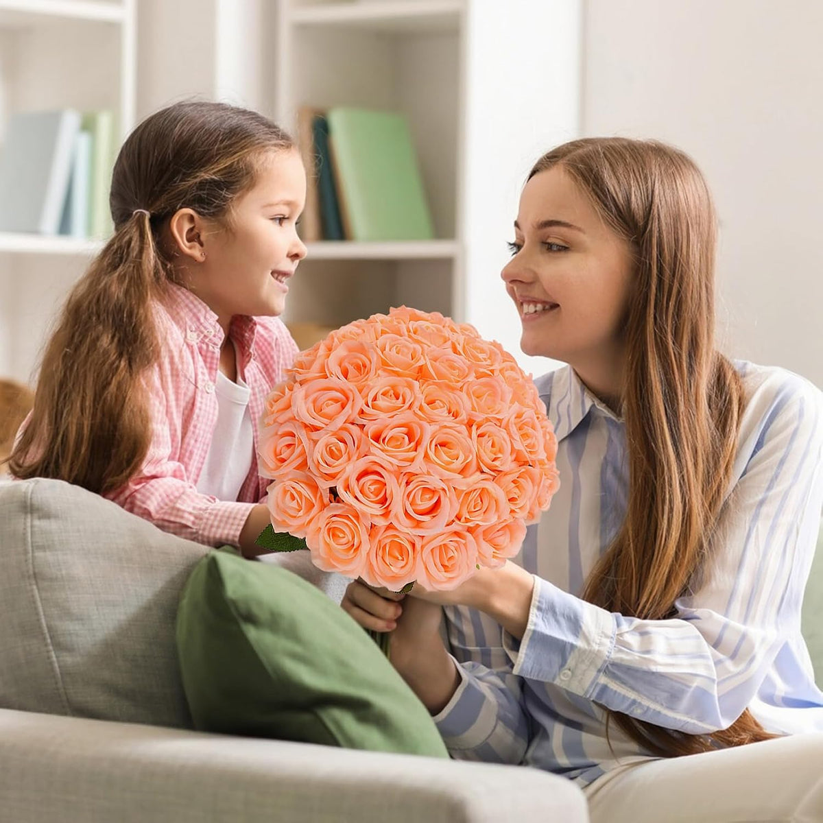 36 Pcs Peach Pink Artificial Roses with Long Stems