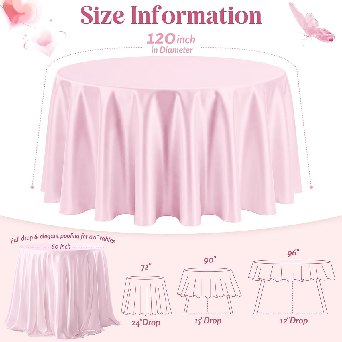120 Inch Light Pink Round Satin Tablecloth Overlay Seamless Table Cover