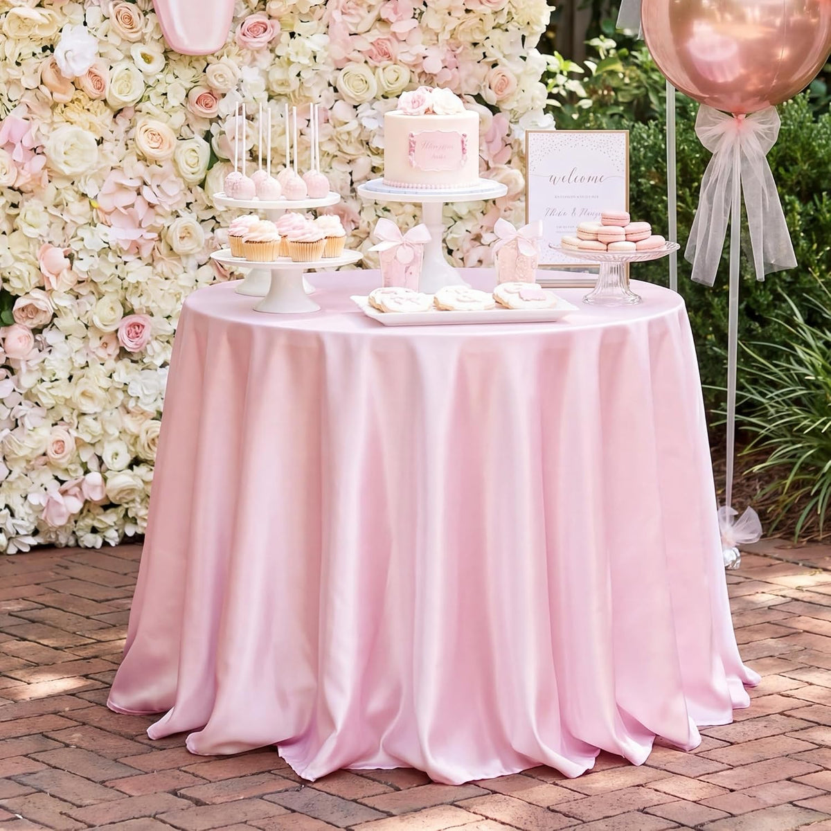 120 Inch Light Pink Round Satin Tablecloth Overlay Seamless Table Cover