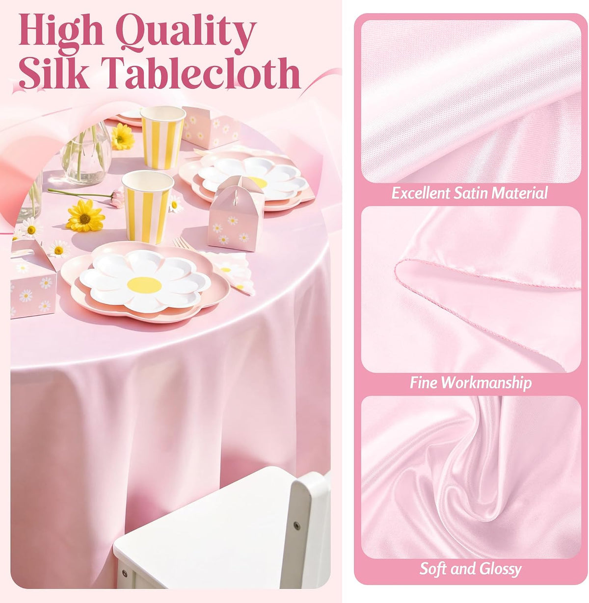 120 Inch Light Pink Round Satin Tablecloth Overlay Seamless Table Cover