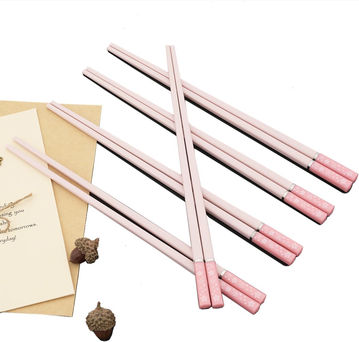 5 Pairs Alloy Chopsticks, 9.6inch Fiberglass Chopsticks Set Non-Slip Japanese Chinese Korean Chopsticks for Sushi, Pasta, Dinner, Dishwasher Safe - Pink Sakura