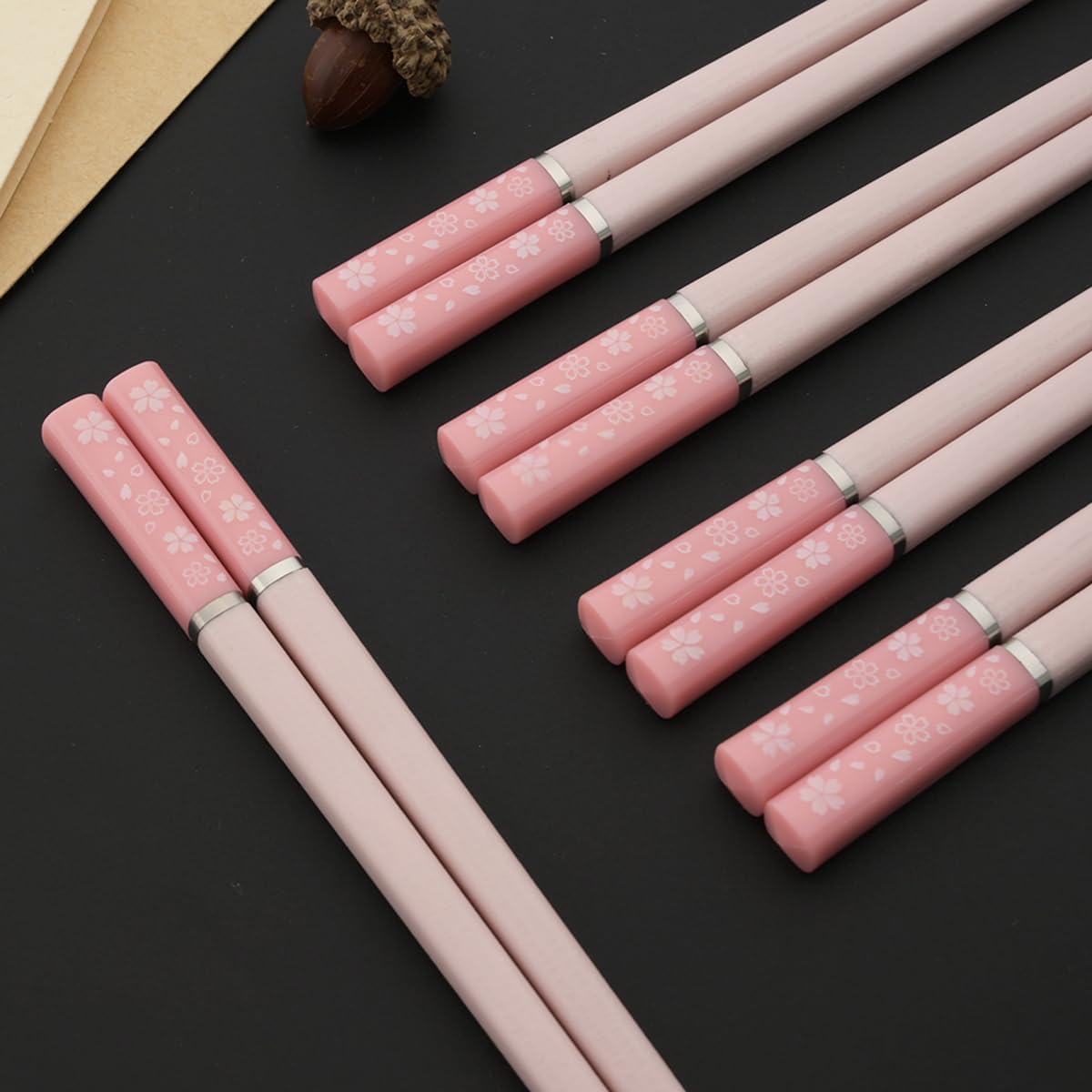 5 Pairs Alloy Chopsticks, 9.6inch Fiberglass Chopsticks Set Non-Slip Japanese Chinese Korean Chopsticks for Sushi, Pasta, Dinner, Dishwasher Safe - Pink Sakura
