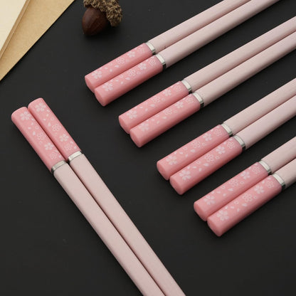 5 Pairs Alloy Chopsticks, 9.6inch Fiberglass Chopsticks Set Non-Slip Japanese Chinese Korean Chopsticks for Sushi, Pasta, Dinner, Dishwasher Safe - Pink Sakura