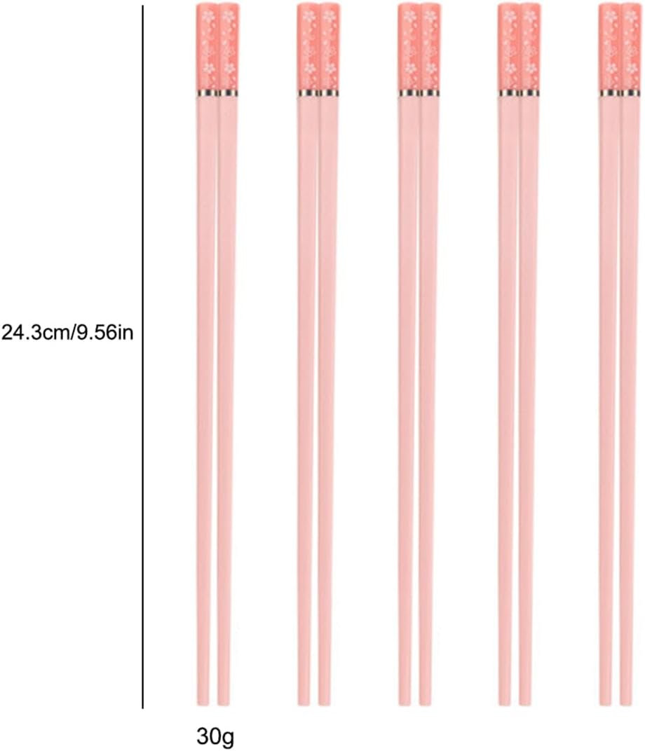 5 Pairs Alloy Chopsticks, 9.6inch Fiberglass Chopsticks Set Non-Slip Japanese Chinese Korean Chopsticks for Sushi, Pasta, Dinner, Dishwasher Safe - Pink Sakura