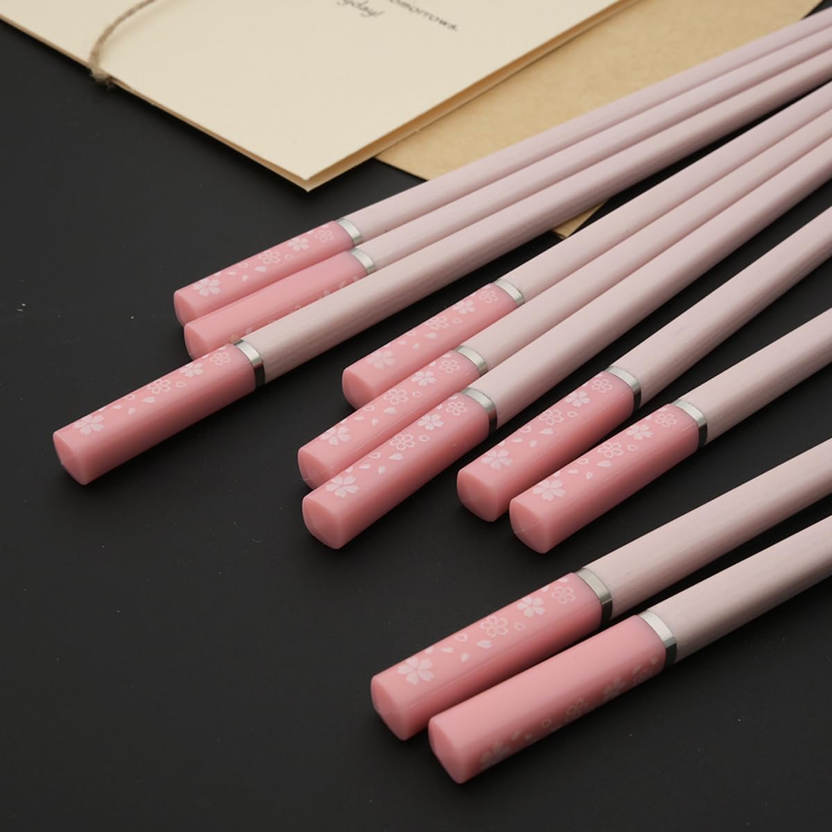 5 Pairs Alloy Chopsticks, 9.6inch Fiberglass Chopsticks Set Non-Slip Japanese Chinese Korean Chopsticks for Sushi, Pasta, Dinner, Dishwasher Safe - Pink Sakura