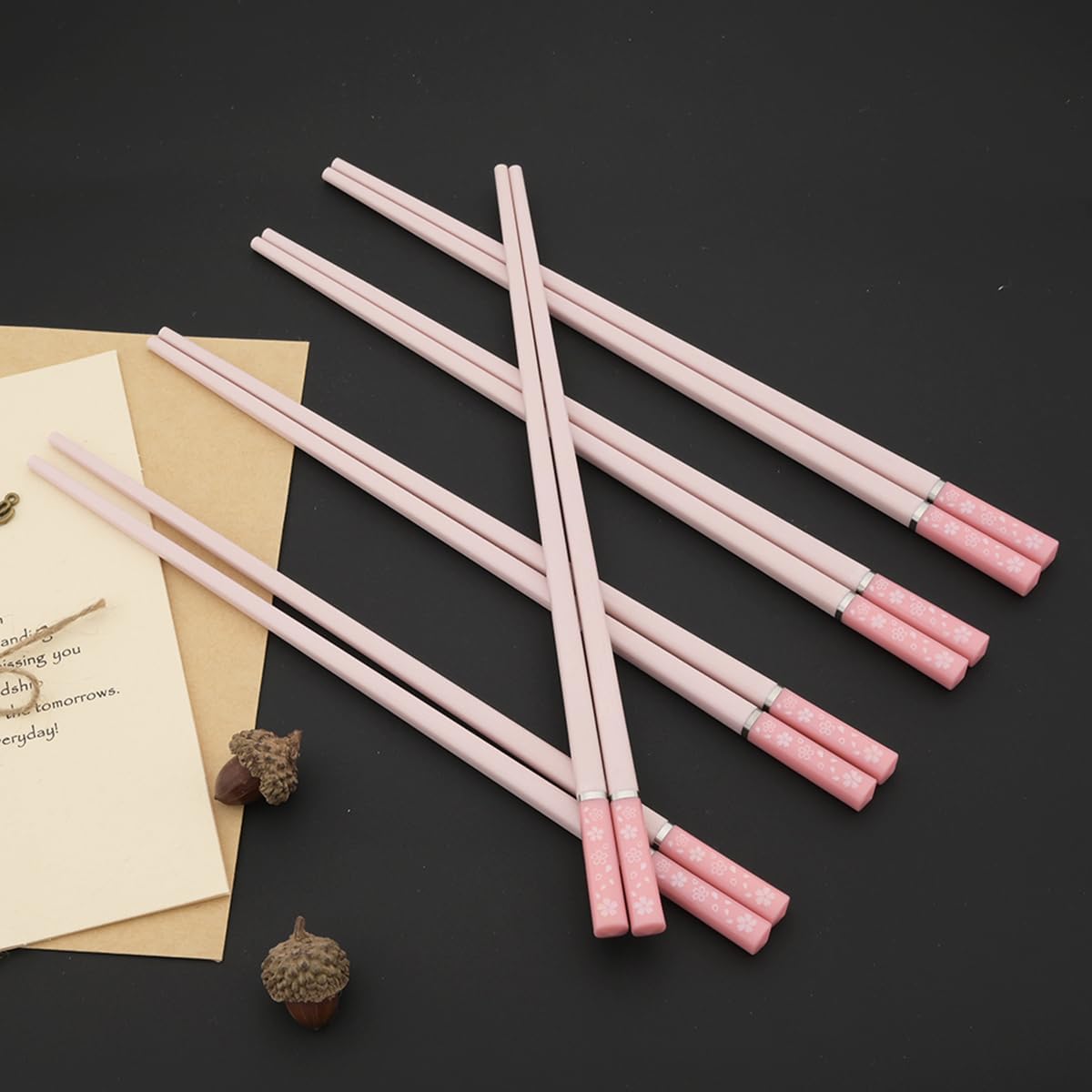 5 Pairs Alloy Chopsticks, 9.6inch Fiberglass Chopsticks Set Non-Slip Japanese Chinese Korean Chopsticks for Sushi, Pasta, Dinner, Dishwasher Safe - Pink Sakura