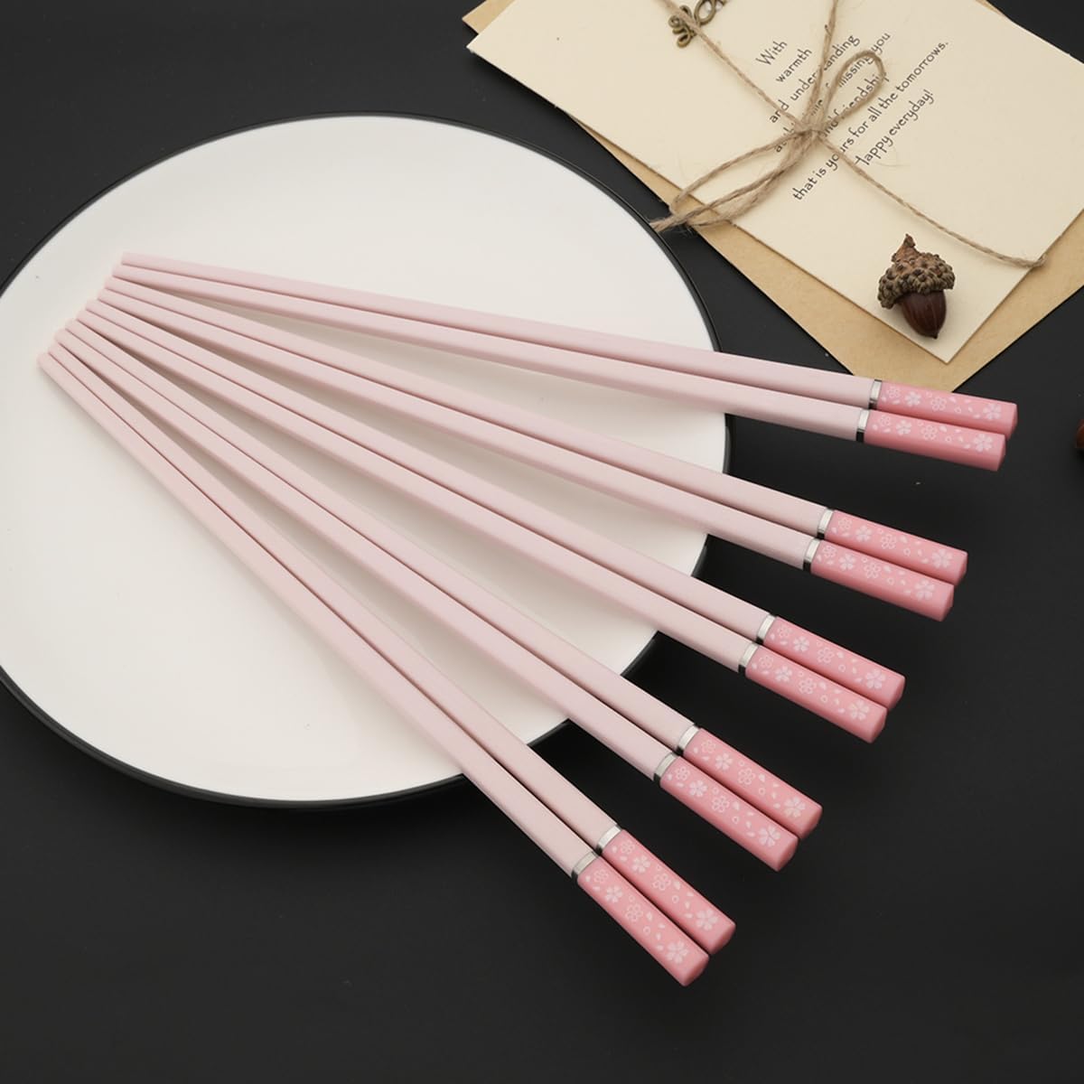 5 Pairs Alloy Chopsticks, 9.6inch Fiberglass Chopsticks Set Non-Slip Japanese Chinese Korean Chopsticks for Sushi, Pasta, Dinner, Dishwasher Safe - Pink Sakura