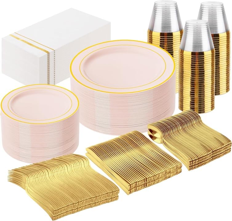 350PCS Pink Plastic Plates with Gold Rim for Wedding Baby Shower