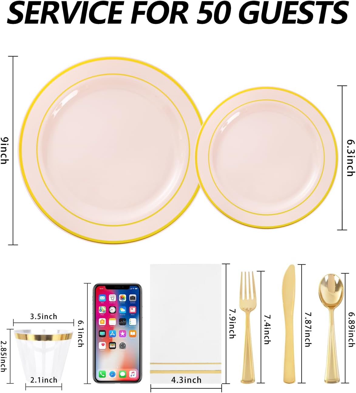 350PCS Pink Plastic Plates with Gold Rim for Wedding Baby Shower