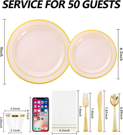 350PCS Pink Plastic Plates with Gold Rim for Wedding Baby Shower