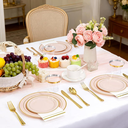 350PCS Pink Plastic Plates with Gold Rim for Wedding Baby Shower