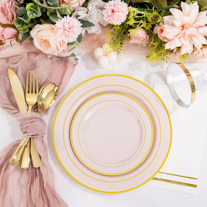350PCS Pink Plastic Plates with Gold Rim for Wedding Baby Shower