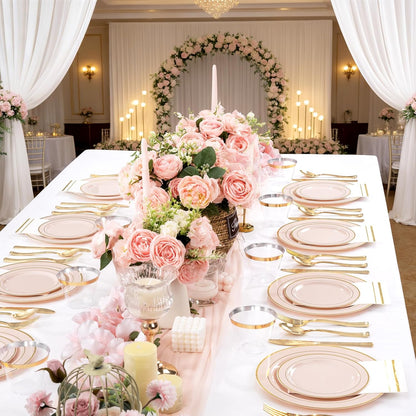 350PCS Pink Plastic Plates with Gold Rim for Wedding Baby Shower