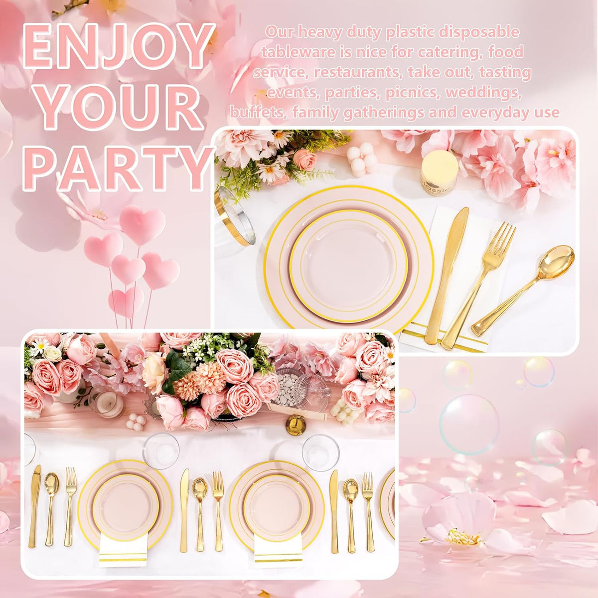 350PCS Pink Plastic Plates with Gold Rim for Wedding Baby Shower