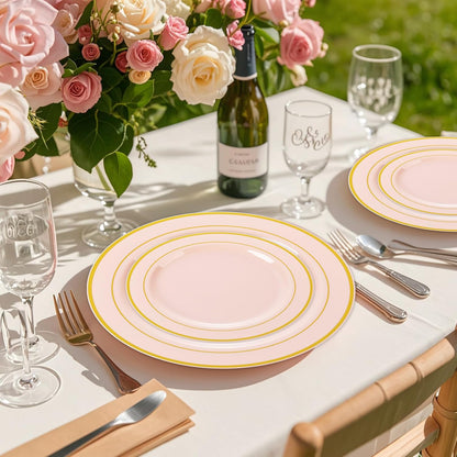 350PCS Pink Plastic Plates with Gold Rim for Wedding Baby Shower