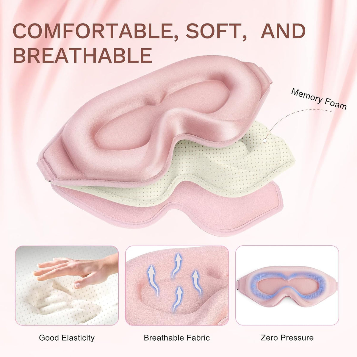 99% Fully Block Out Light Eye Sleep Mask, 3D Deep Contoured Eyes Cover Zero Pressure, Long Lash Extension Eyes Mask with Adjustable Straps for Sleeping Travel Home Nap Rest Women Men (Pink)