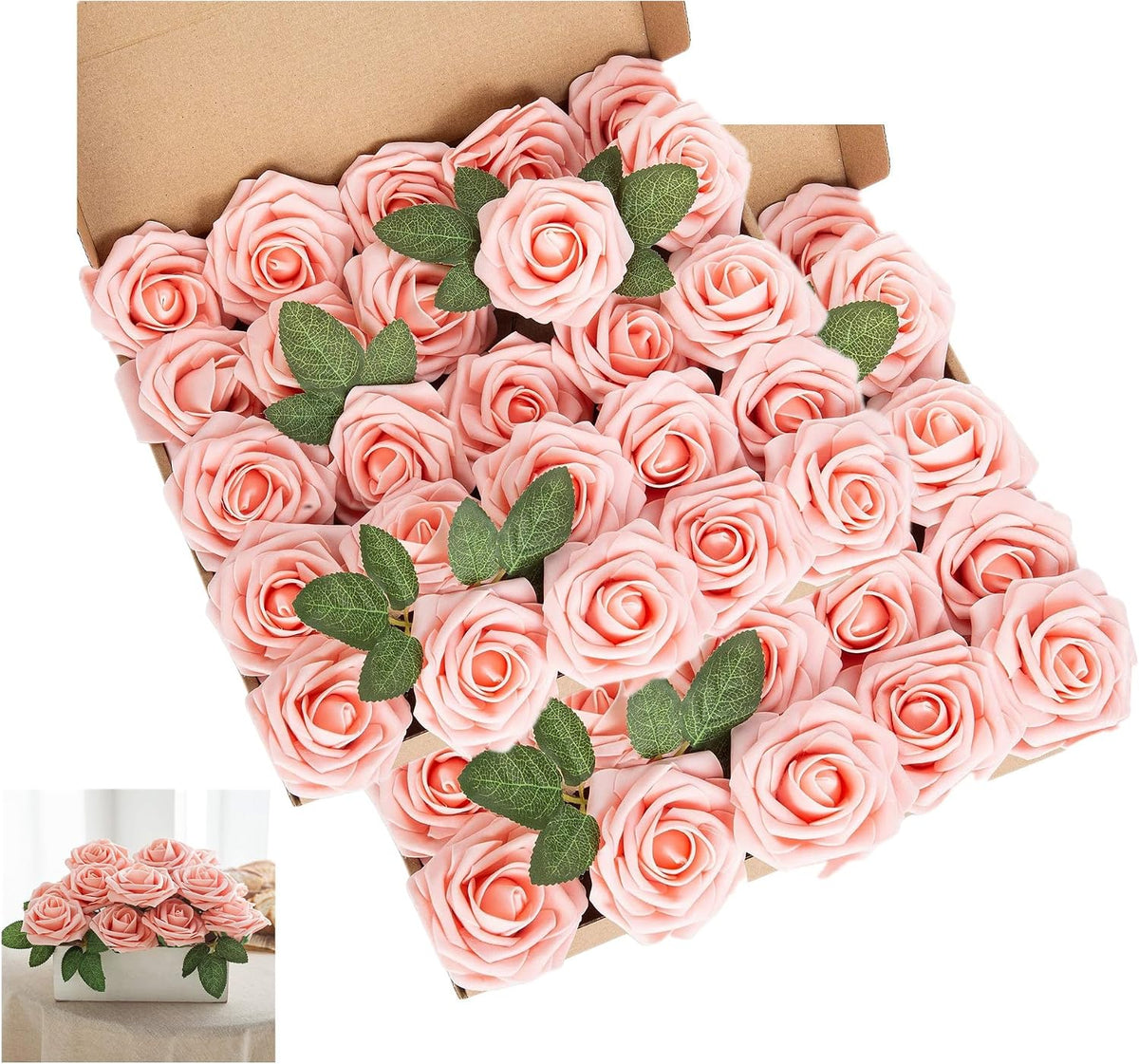 Peach Pink Rose 50pcs Foam Rose Real Looking Fake Rose with Stems Leaves for Home Decoration Party Garden Centerpieces DIY Wedding Bouquets（Peach Pink）