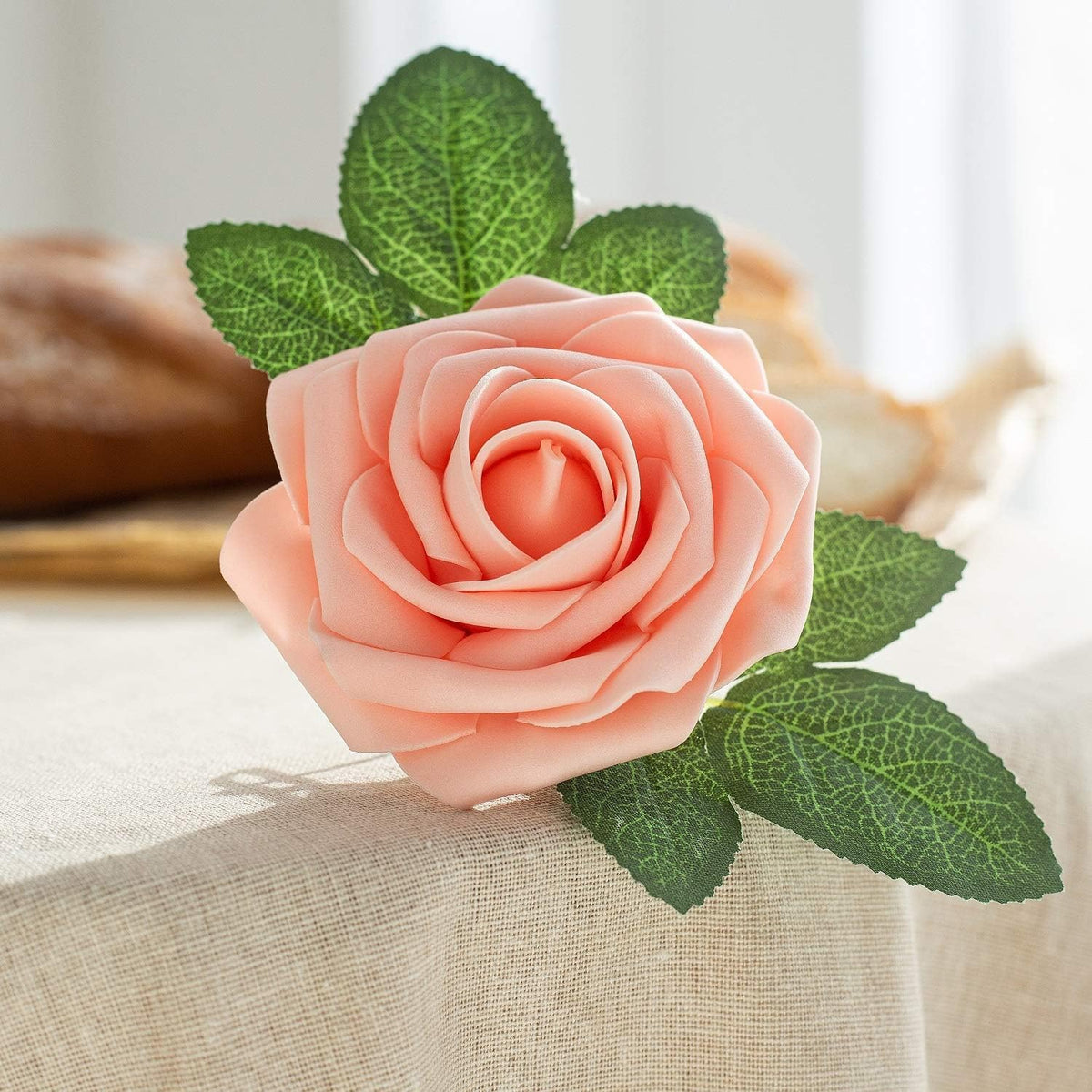 Peach Pink Rose 50pcs Foam Rose Real Looking Fake Rose with Stems Leaves for Home Decoration Party Garden Centerpieces DIY Wedding Bouquets（Peach Pink）