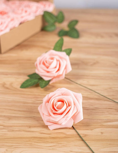 Peach Pink Rose 50pcs Foam Rose Real Looking Fake Rose with Stems Leaves for Home Decoration Party Garden Centerpieces DIY Wedding Bouquets（Peach Pink）