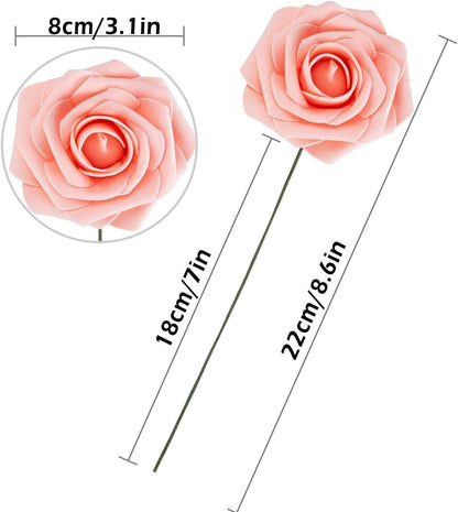 Peach Pink Rose 50pcs Foam Rose Real Looking Fake Rose with Stems Leaves for Home Decoration Party Garden Centerpieces DIY Wedding Bouquets（Peach Pink）