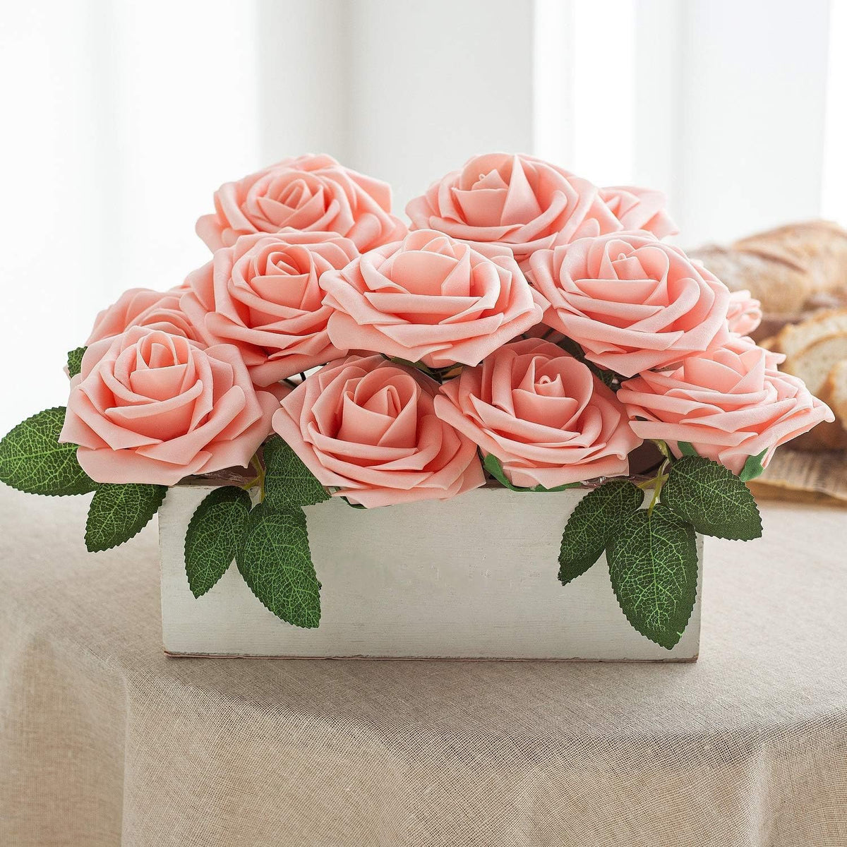 Peach Pink Rose 50pcs Foam Rose Real Looking Fake Rose with Stems Leaves for Home Decoration Party Garden Centerpieces DIY Wedding Bouquets（Peach Pink）