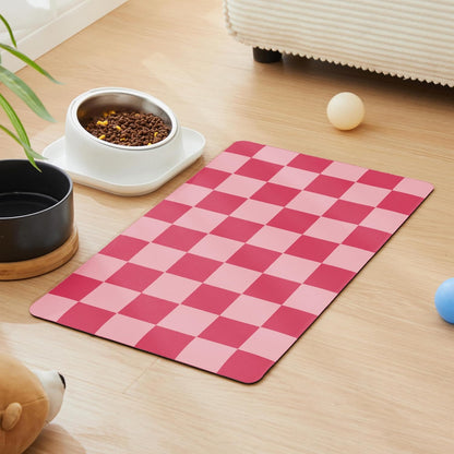 Checkered Dog Feeding Mat, Absorbent Mats for Dog Food and Water Bowl, Dispenser, Aesthetic Hot Pink Cute Checkerboard Pet Placemat for Dogs, Cats, Puppy Accessories (Coral, 12 x 19)