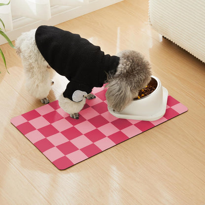 Checkered Dog Feeding Mat, Absorbent Mats for Dog Food and Water Bowl, Dispenser, Aesthetic Hot Pink Cute Checkerboard Pet Placemat for Dogs, Cats, Puppy Accessories (Coral, 12 x 19)