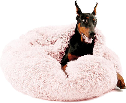 Himax 35in Covered Large Dog Bed with Blanket Attached Calming Burrow Pink